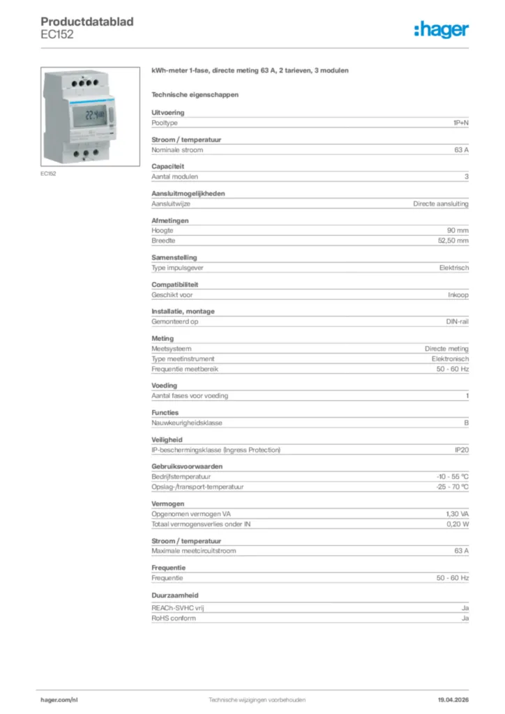Afbeelding Hager Productdatablad EC152 | Hager Nederland