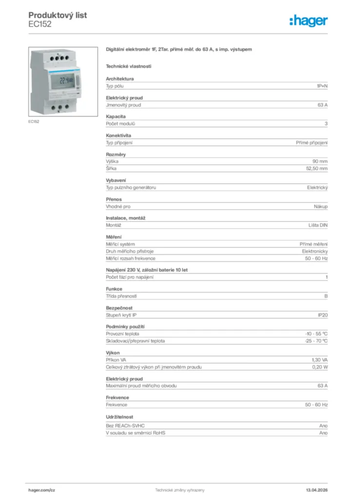 Obrázek Hager Product data sheet EC152 | Hager