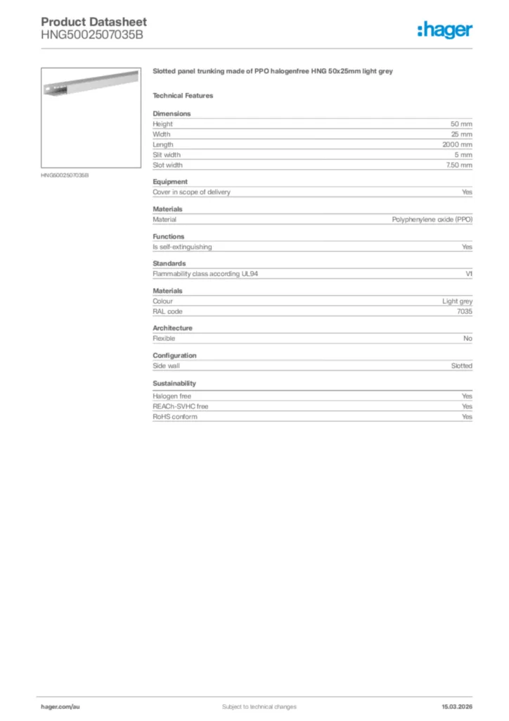 Image Hager Product data sheet HNG5002507035B  | Hager Australia