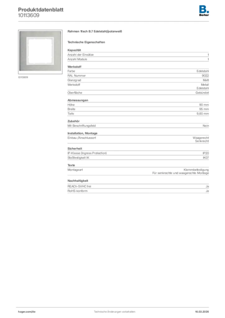 Bild Berker Produktdatenblatt 10113609 | Hager Deutschland