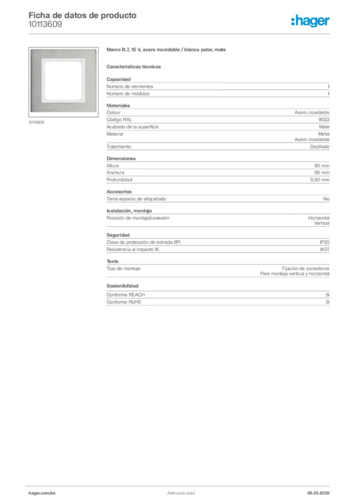 Imagen Hager Ficha de datos de producto 10113609 | Hager España