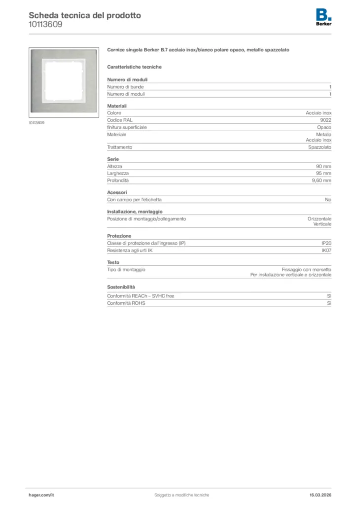 Immagine Berker Scheda tecnica del prodotto 10113609 | Hager Italia