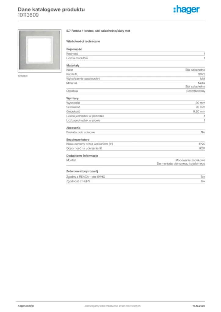 Zdjęcie Hager Karta katalogowa 10113609 | Hager Polska