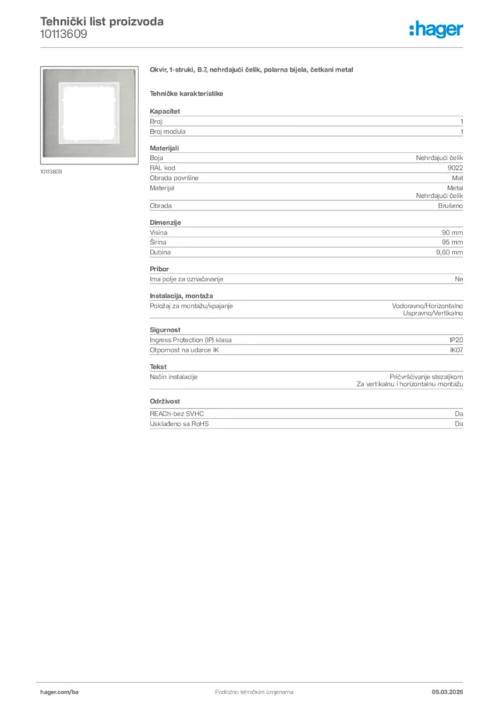 Slika Hager Tehnički list proizvoda 10113609  | Hager