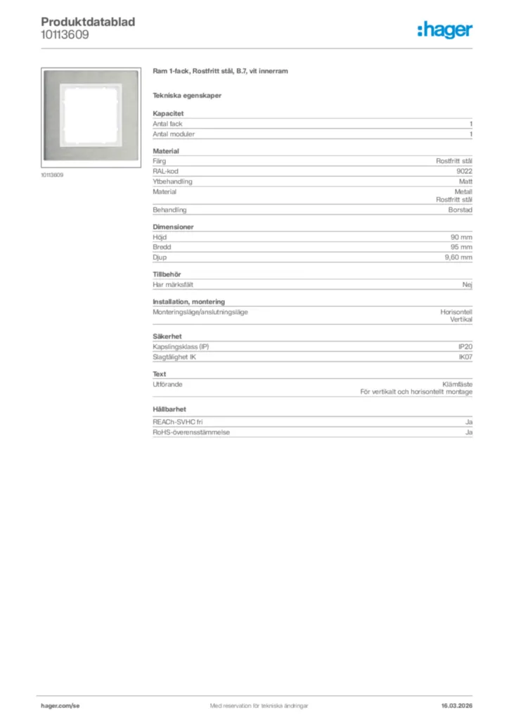 Bild Hager Produktdatablad 10113609 | Hager Sverige