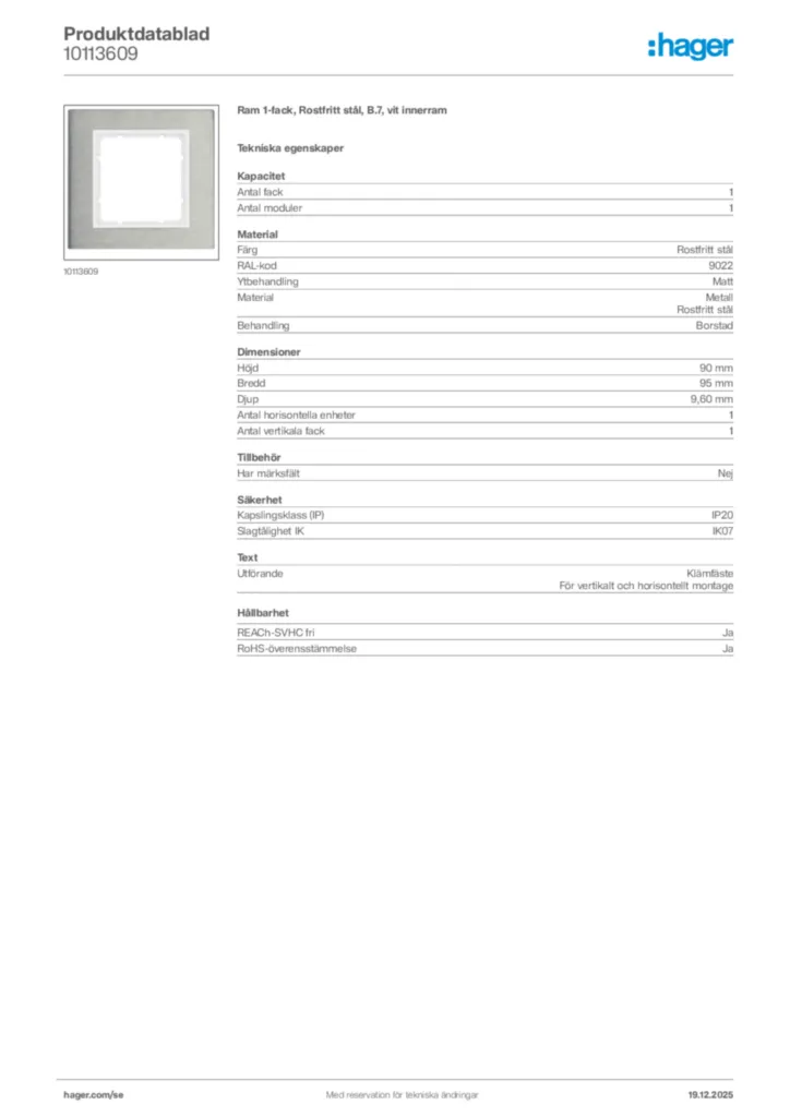 Bild Hager Produktdatablad 10113609 | Hager Sverige