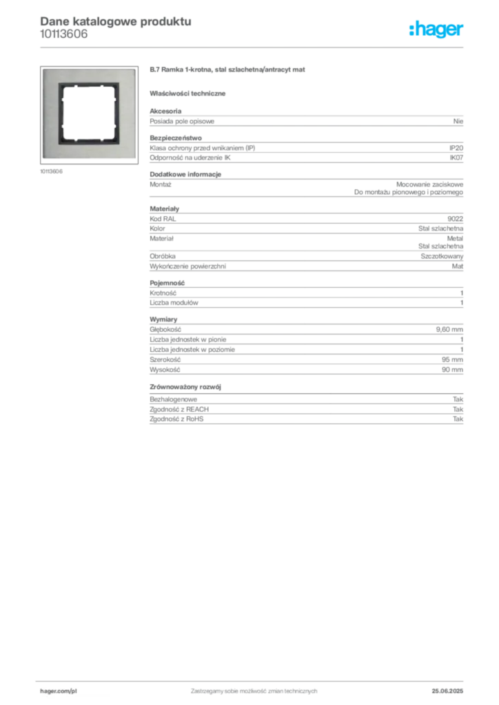 Zdjęcie Hager Karta katalogowa 10113606 | Hager Polska