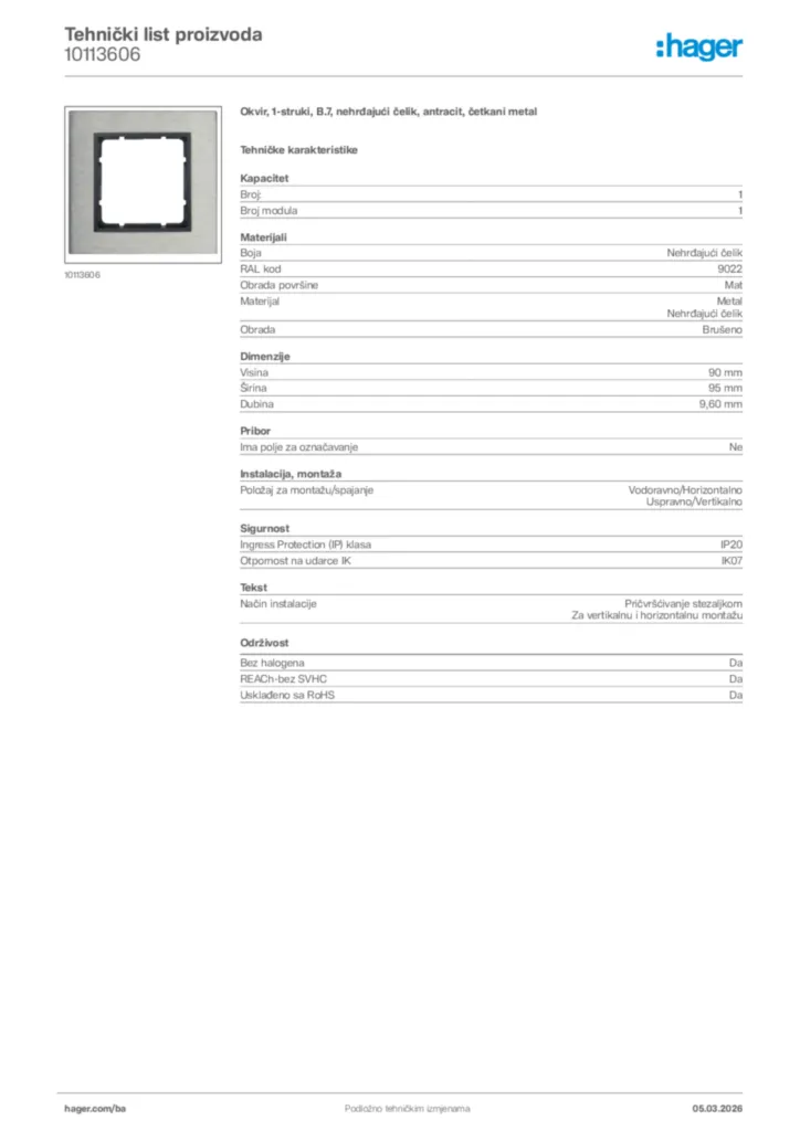 Slika Hager Tehnički list proizvoda 10113606  | Hager