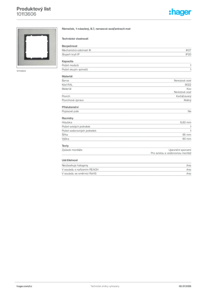 Obrázek Hager Produktový list 10113606 | Hager