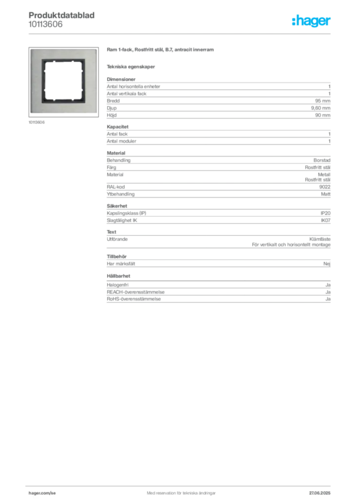 Bild Hager Produktdatablad 10113606 | Hager Sverige