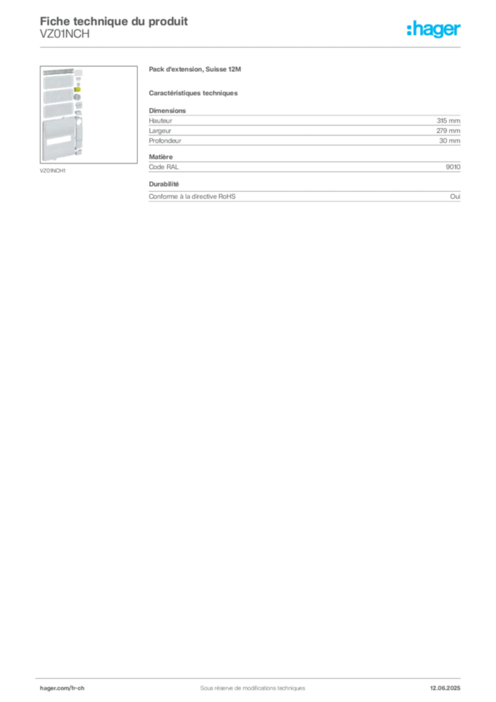 Image Hager Fiche technique du produit VZ01NCH | Hager Suisse