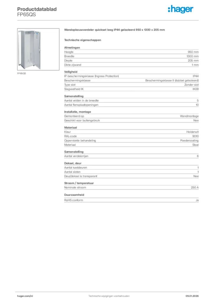 Afbeelding Hager Productdatablad FP65QS | Hager Nederland