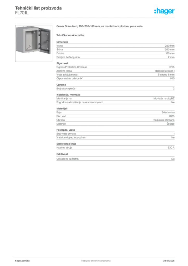Slika Hager Product data sheet FL701L  | Hager