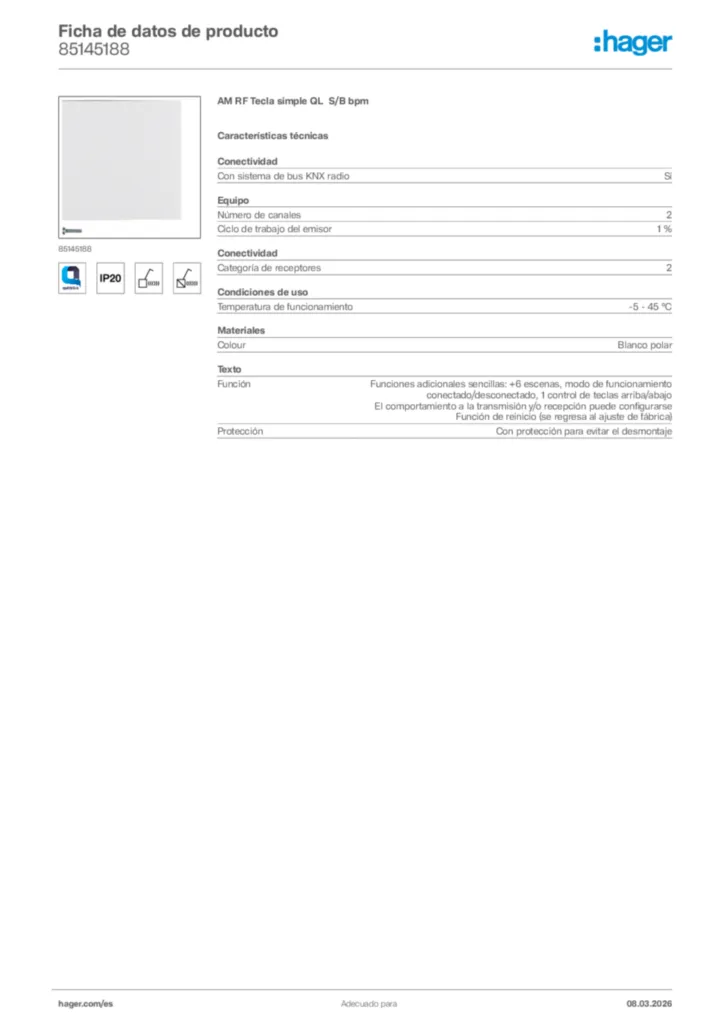 Imagen Hager Ficha de datos de producto 85145188 | Hager España