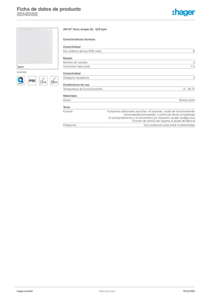 Imagen Hager Ficha de datos de producto 85145188 | Hager España