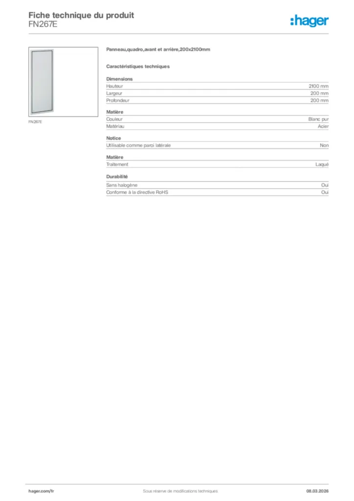 Image Hager Fiche technique du produit FN267E | Hager France