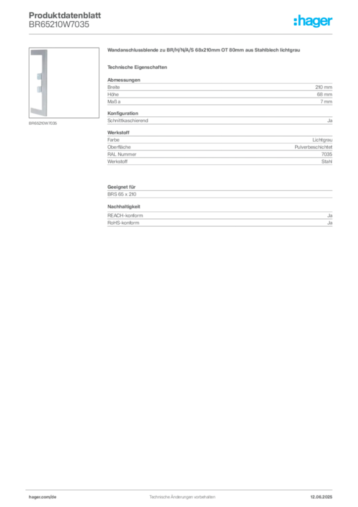 Bild Hager Produktdatenblatt BR65210W7035 | Hager Deutschland