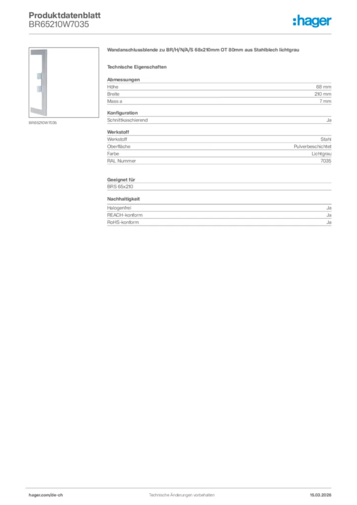 Bild Hager Produktdatenblatt BR65210W7035 | Hager Schweiz