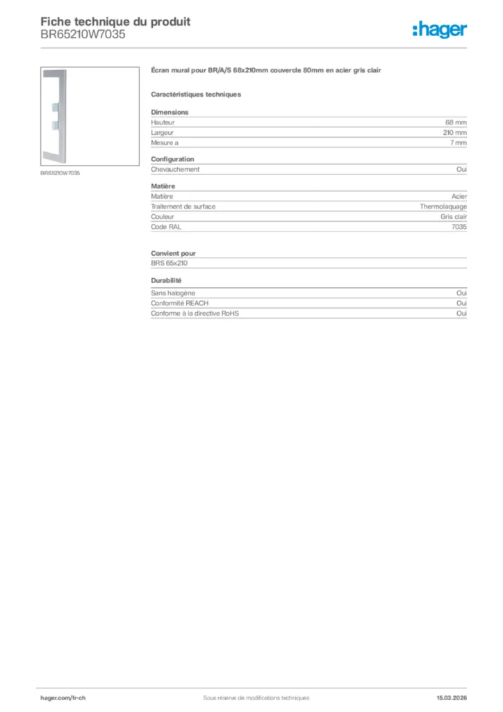 Image Hager Fiche technique du produit BR65210W7035 | Hager Suisse