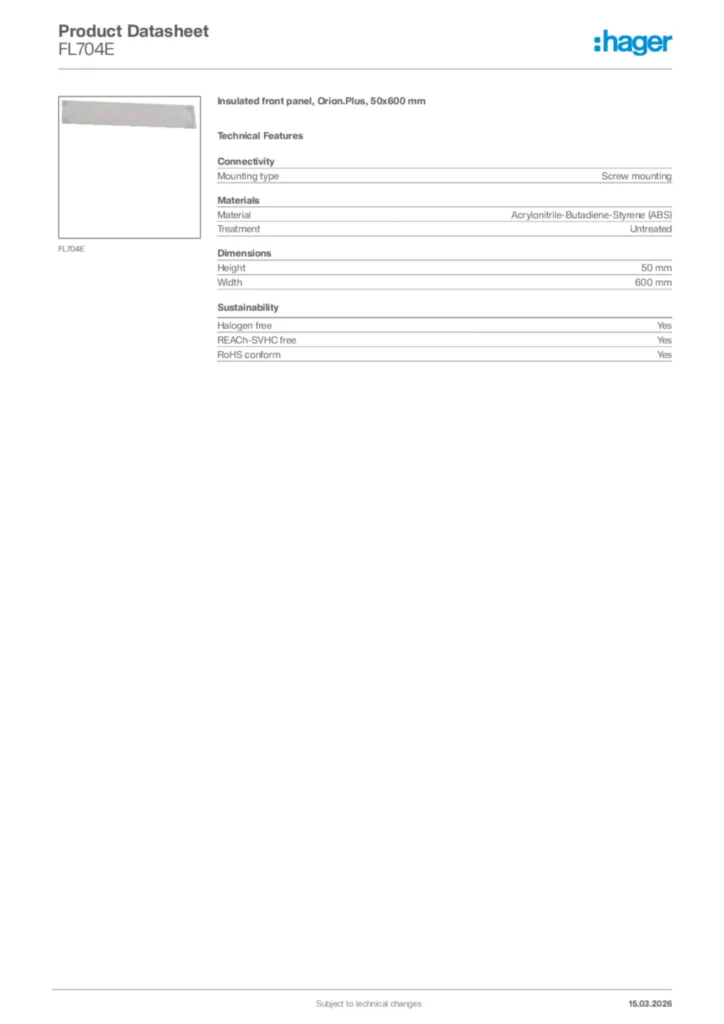 Image Hager Product data sheet FL704E  | Hager Africa