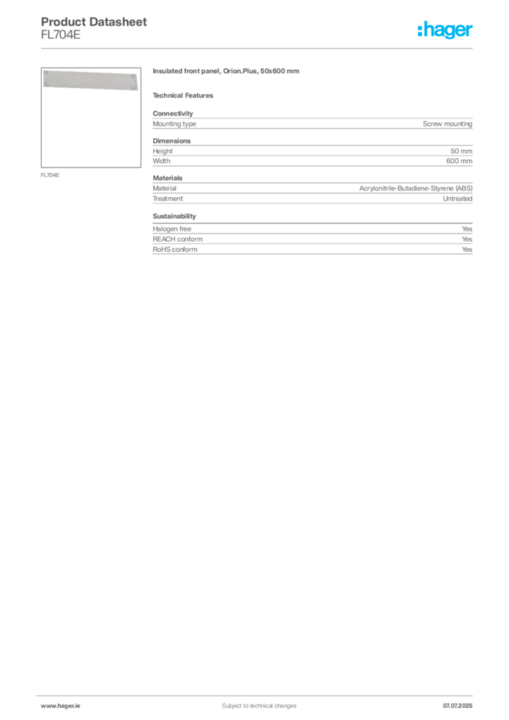 Image Hager Product data sheet FL704E  | Hager