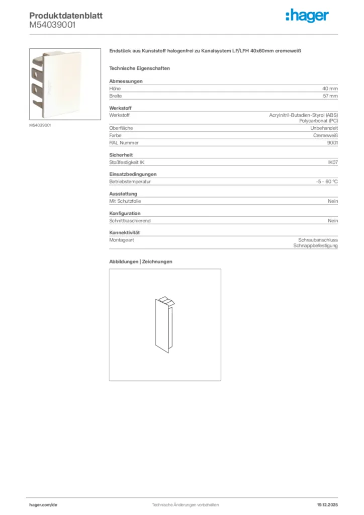 Bild Hager Produktdatenblatt M54039001 | Hager Deutschland