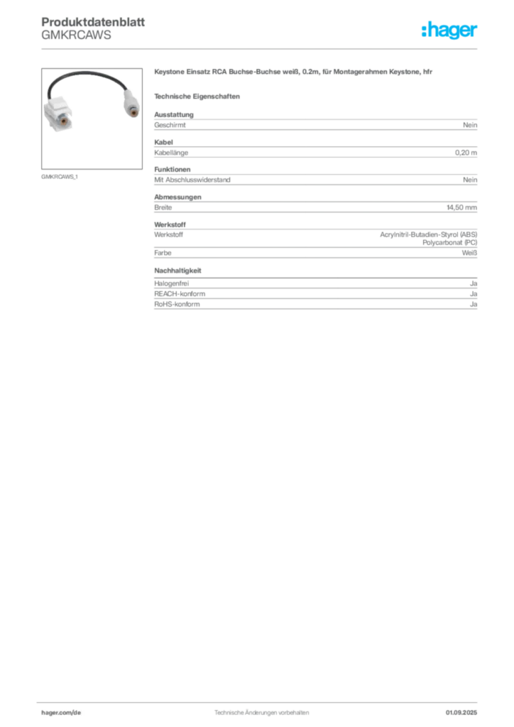 Bild Hager Produktdatenblatt GMKRCAWS | Hager Deutschland
