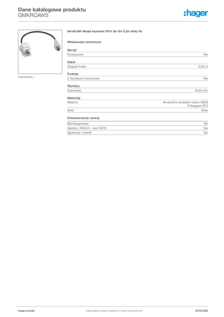 Zdjęcie Hager Karta katalogowa GMKRCAWS | Hager Polska
