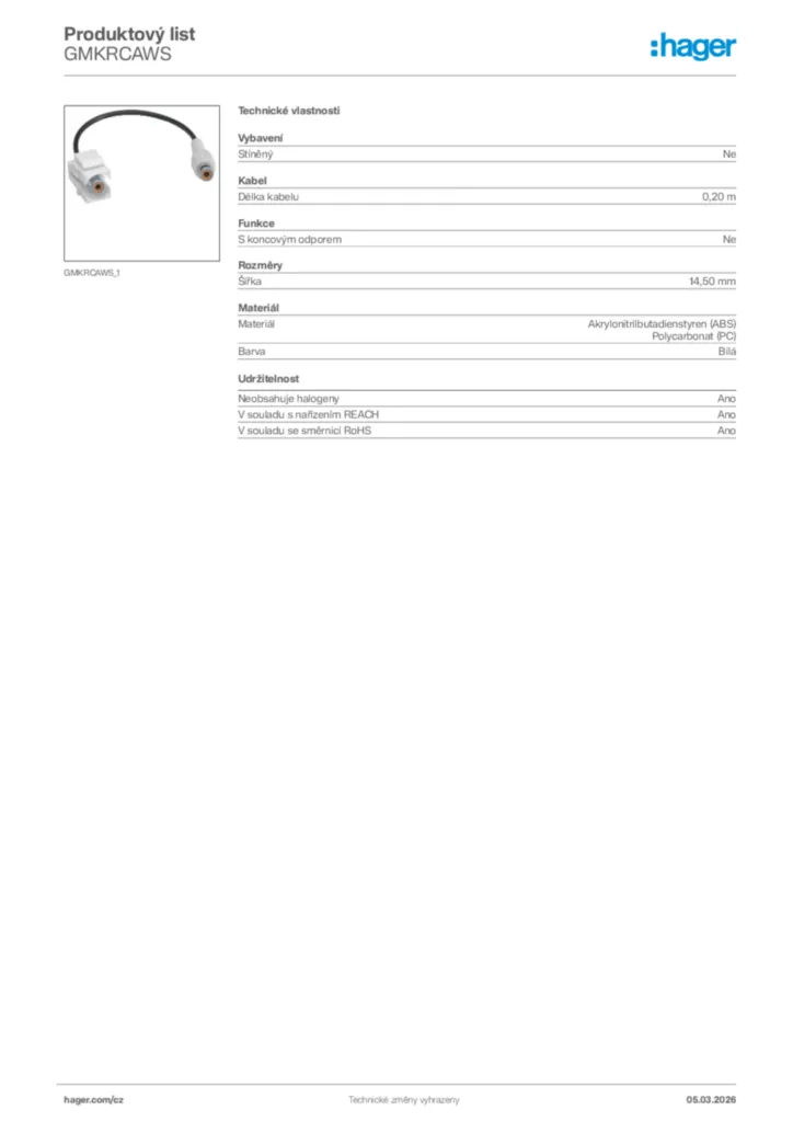 Obrázek Hager Product data sheet GMKRCAWS | Hager