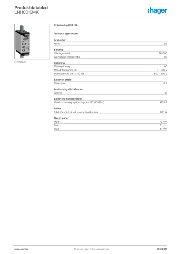 Bild Hager Produktdatablad LNH0016MK | Hager Sverige