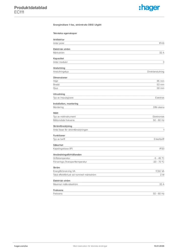 Bild Hager Produktdatablad EC111 | Hager Sverige