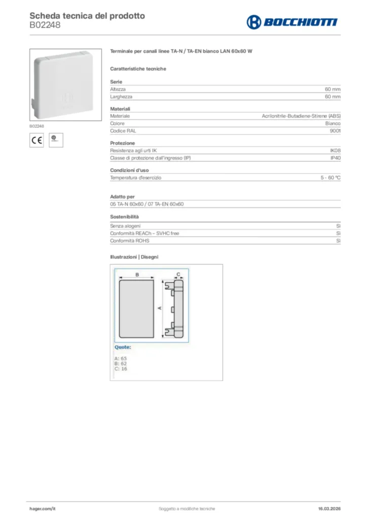 Immagine Bocchiotti Scheda tecnica del prodotto B02248 | Hager Italia