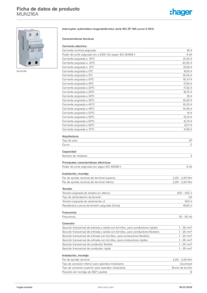 Imagen Hager Ficha de datos de producto MUN216A | Hager España