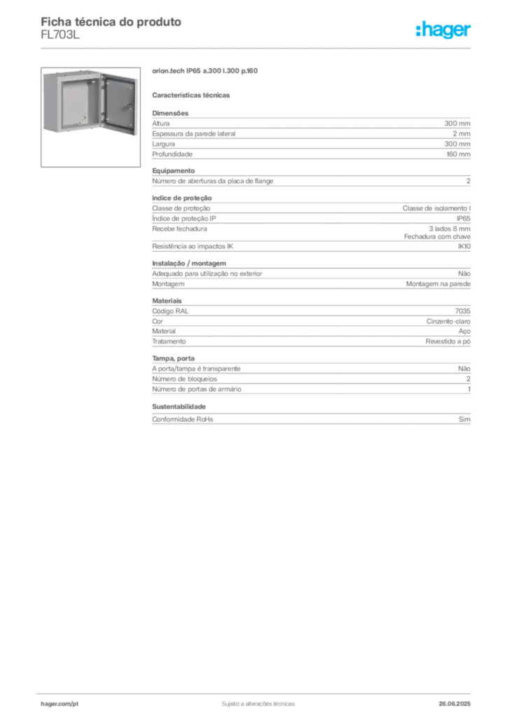 Imagem Hager Ficha técnica do produto FL703L | Hager Portugal