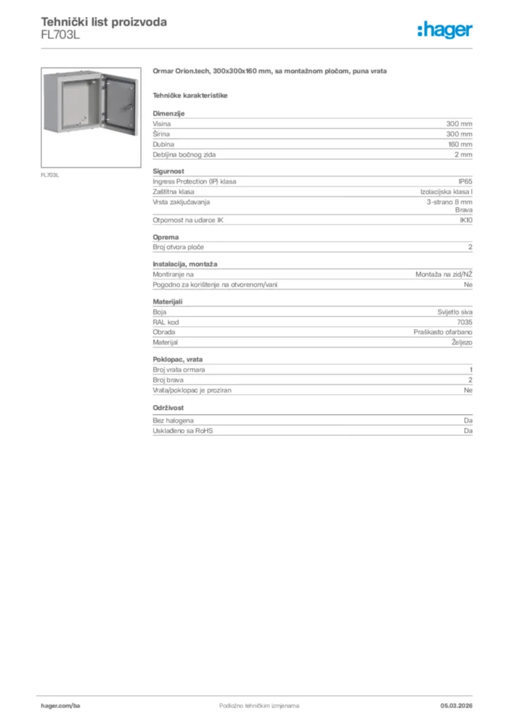 Slika Hager Tehnički list proizvoda FL703L  | Hager