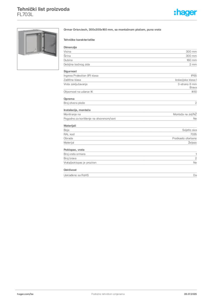 Slika Hager Product data sheet FL703L  | Hager