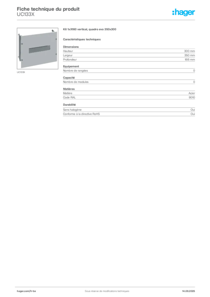 Image Hager Fiche technique du produit UC133X | Hager Belgique