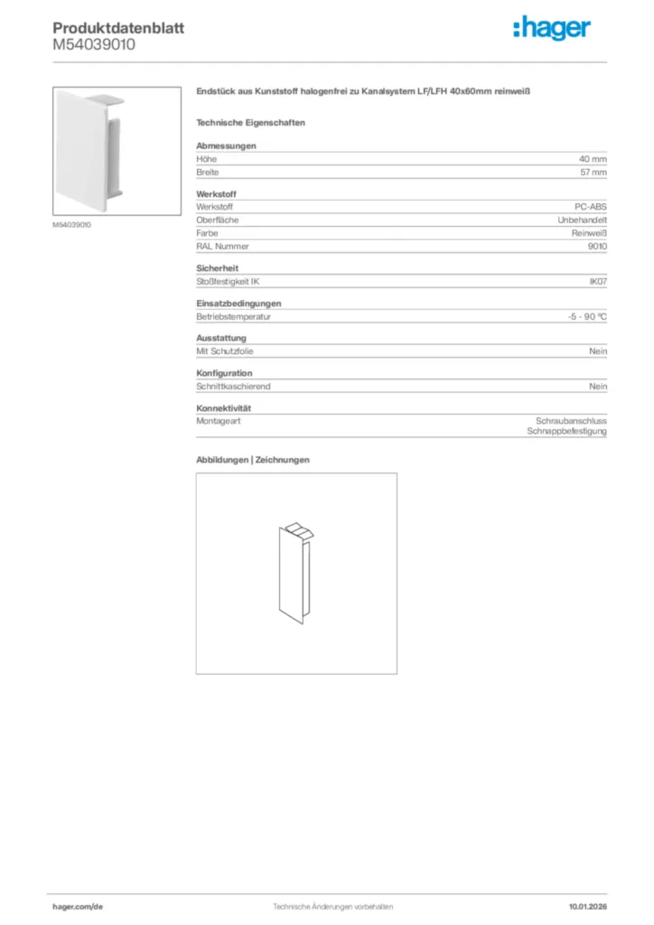 Bild Hager Produktdatenblatt M54039010 | Hager Deutschland