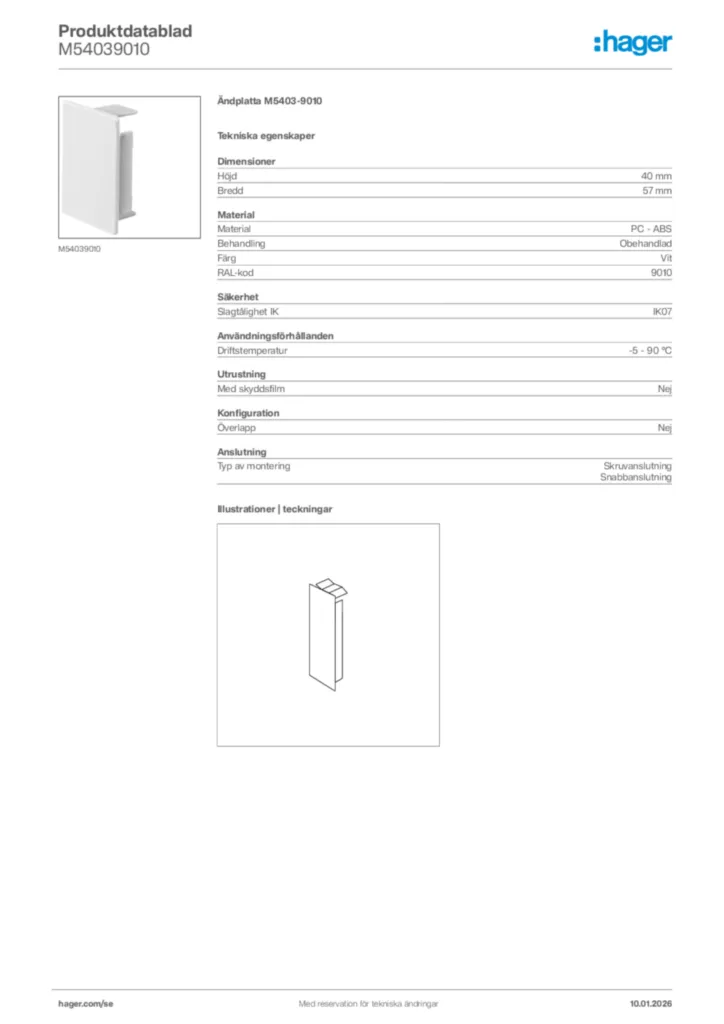 Bild Hager Produktdatablad M54039010 | Hager Sverige