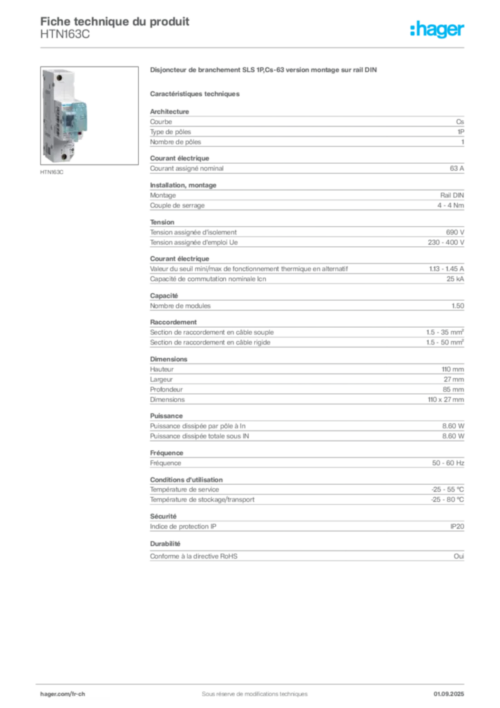 Image Hager Fiche technique du produit HTN163C | Hager Suisse