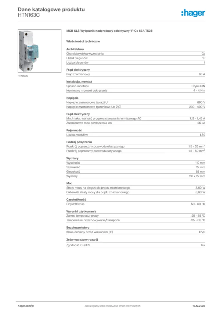 Zdjęcie Hager Karta katalogowa HTN163C | Hager Polska