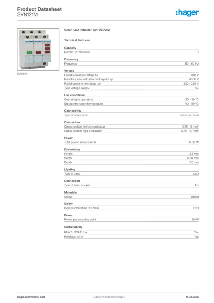Image Hager Product data sheet SVN121M  | Hager