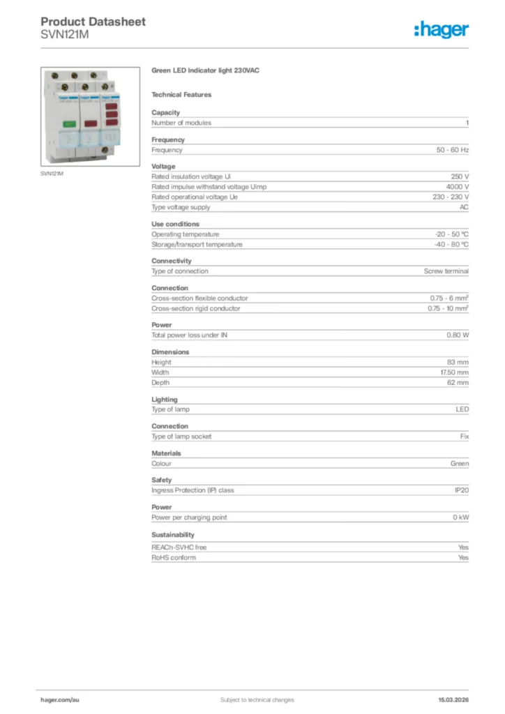 Image Hager Product data sheet SVN121M  | Hager Australia