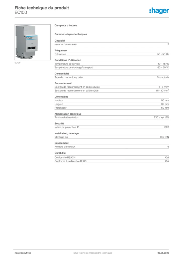 Image Hager Fiche technique du produit EC100 | Hager Belgique