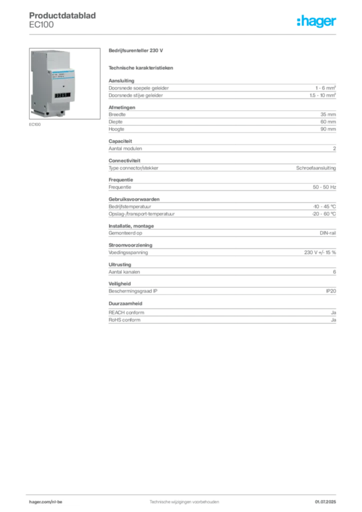 Afbeelding Hager Productdatablad EC100 | Hager Belgium