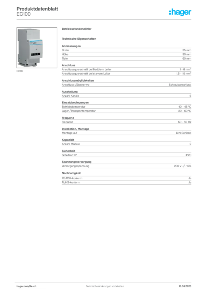 Bild Hager Produktdatenblatt EC100 | Hager Schweiz