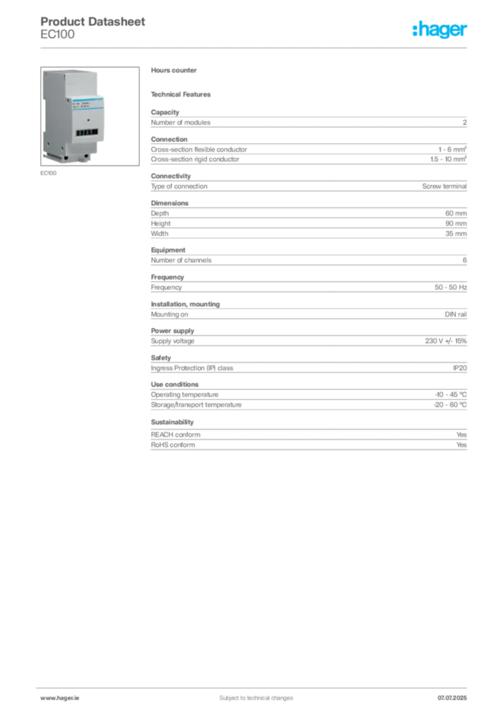 Image Hager Product data sheet EC100  | Hager