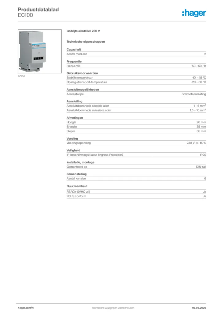 Afbeelding Hager Productdatablad EC100 | Hager Nederland