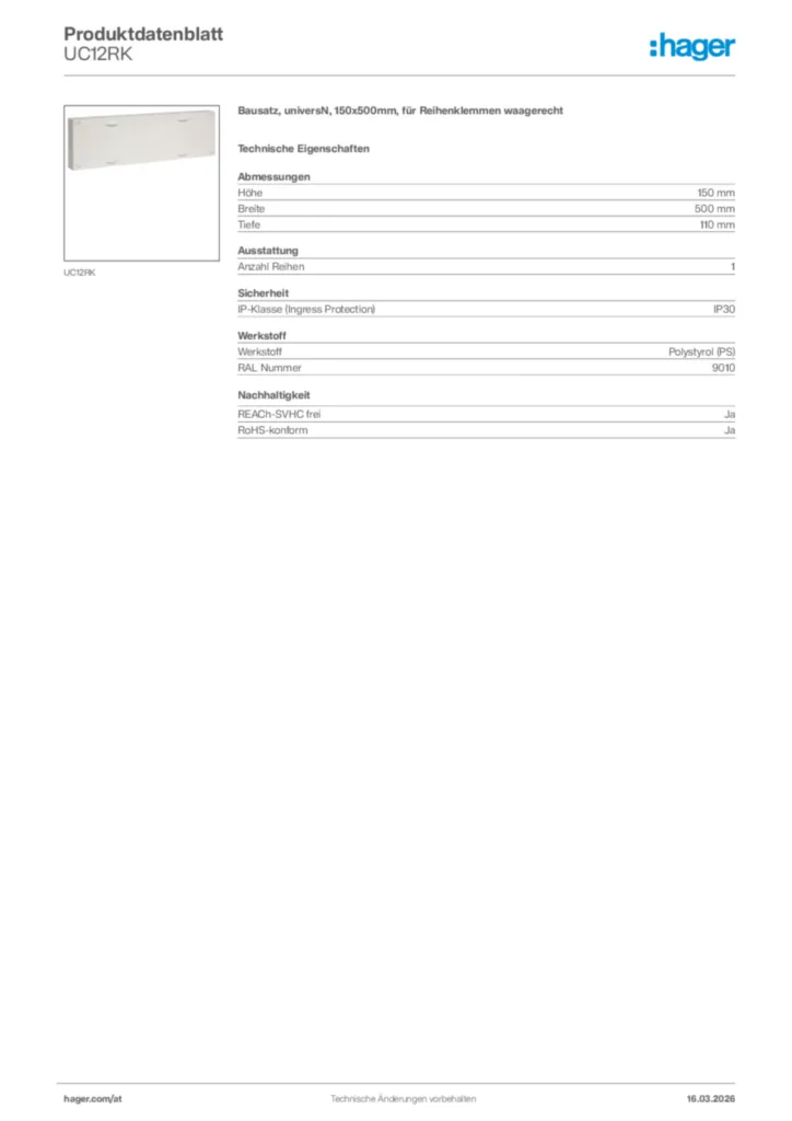 Bild Hager Produktdatenblatt UC12RK | Hager Deutschland