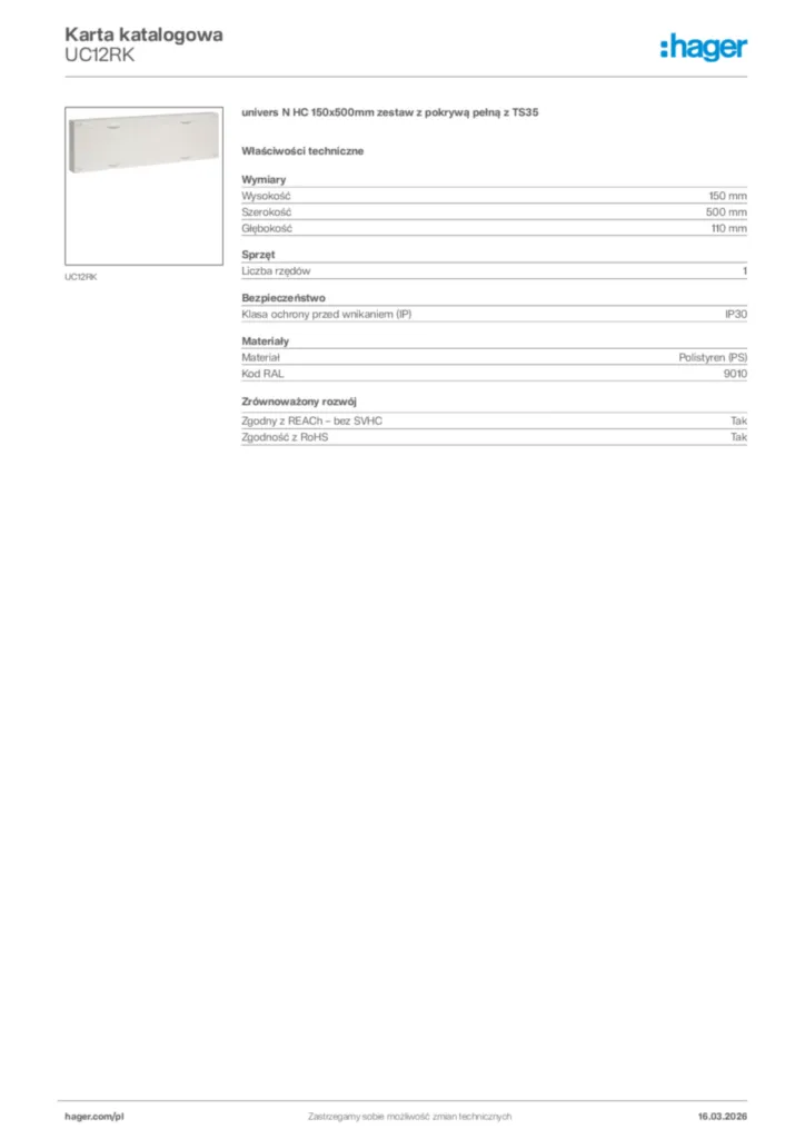 Zdjęcie Hager Karta katalogowa UC12RK | Hager Polska